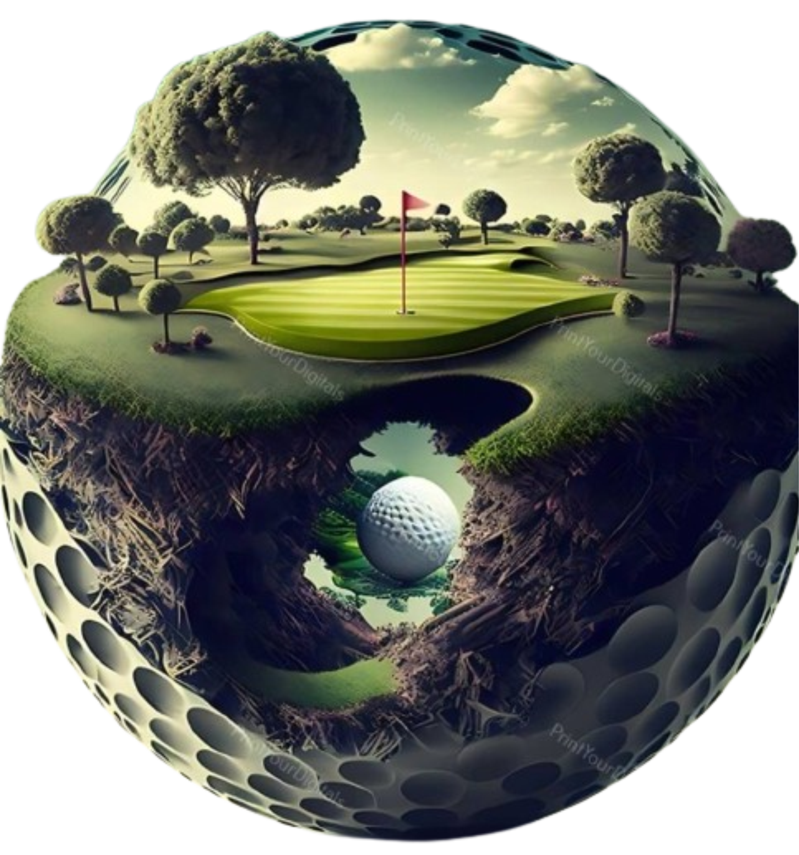 3D photo of a golf course merged with a golf ball